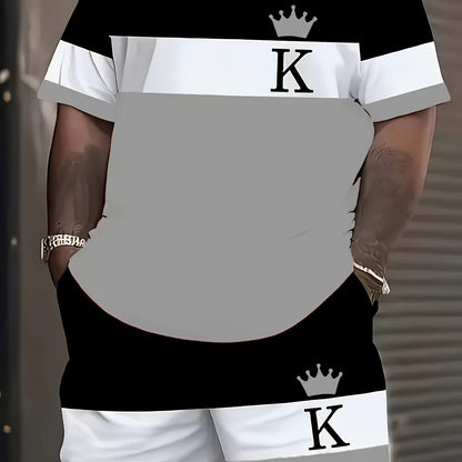 [Plus Size 3D Print Sport Set] Men's Plus Size 3D Digital Print Casual Sport T-Shirt and Shorts Set | Sweat-Resistant, All-Season, Regular Fit, Crew Neck, Slight Stretch Fabric | Suitable for Daily Wear, Outings, Sports, Camp