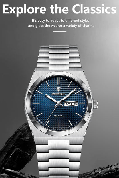 POEDAGAR Men's Luxury Sport Watch, Military Luminous Date Week, Stainless Steel Quartz, Casual Style, Pointer Display, Electronic Movement, Zinc Alloy Case, Stainless Steel Band, Round Dial Beauty World Shop