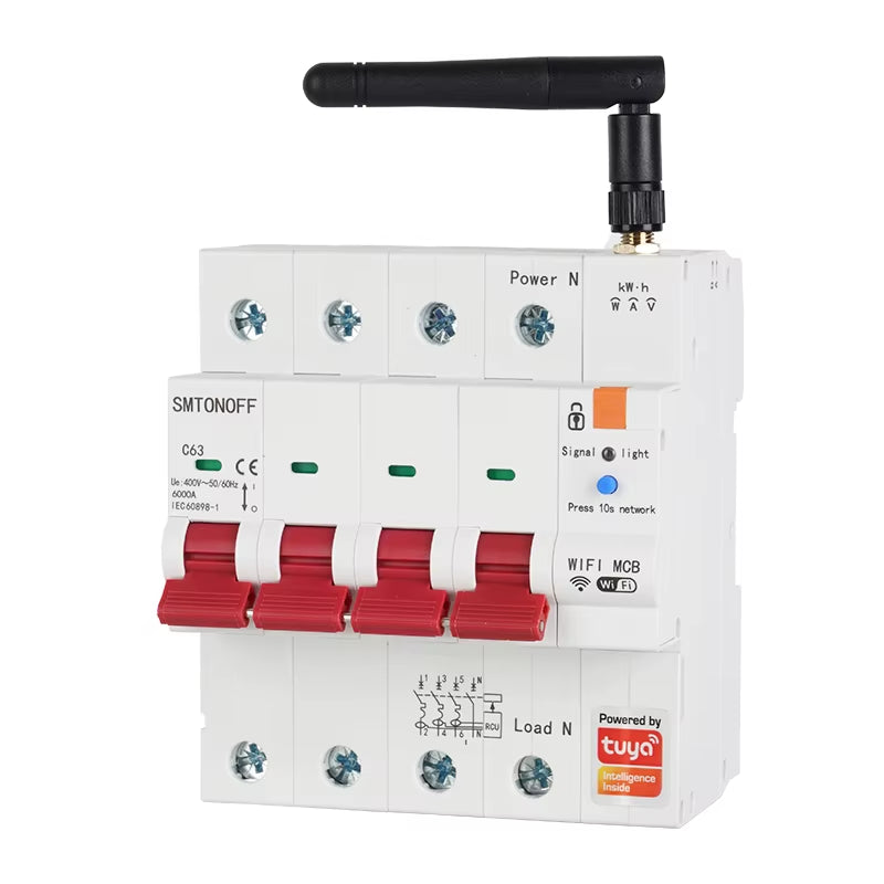 Tuya Smart Wifi 4P MCB 63A RS485 Breaker Prepaid Meter Timer Switch Voltage Current Protector Voice Control Alexa Alice
