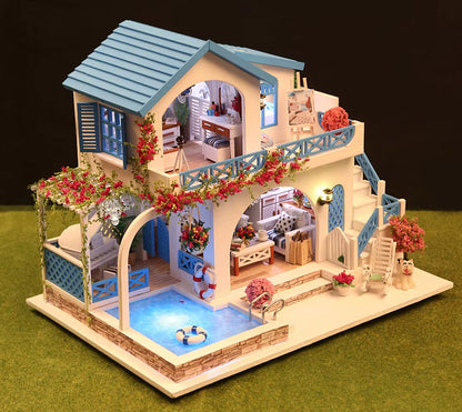 DIY Blue White Town Villa 3D Wooden Puzzle Coastal Style Handmade Assembly Model Miniature House Creative Birthday Gift