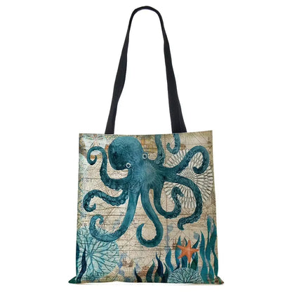 Tote Bag Seahorse Turtle Octopus Print Traveling Shoulder Bags Eco Linen Shopping Bags for Women with Print