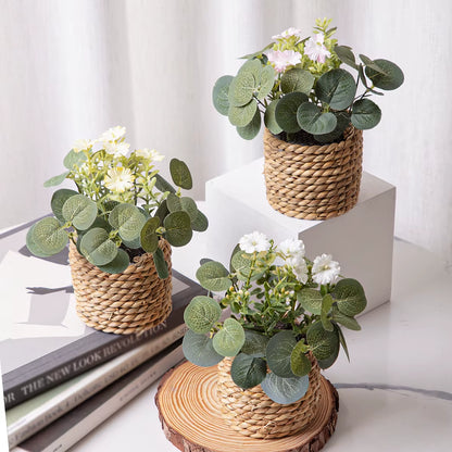 Green Artificial Plants Eucalyptus Flowers Woven Small Potted Plants Grass Mound 11Cm PE Material Home Decoration