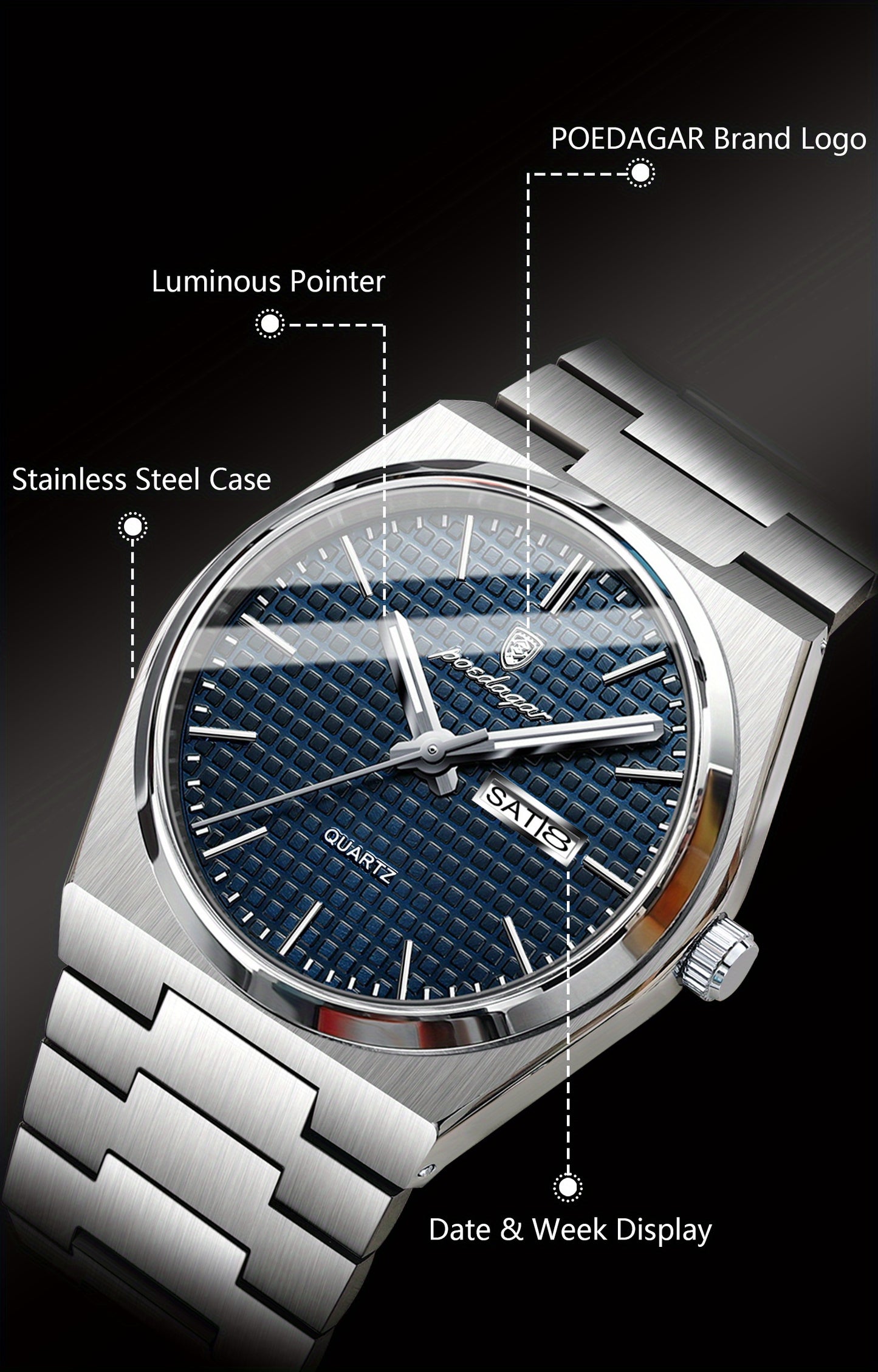 POEDAGAR Men's Luxury Sport Watch, Military Luminous Date Week, Stainless Steel Quartz, Casual Style, Pointer Display, Electronic Movement, Zinc Alloy Case, Stainless Steel Band, Round Dial Beauty World Shop