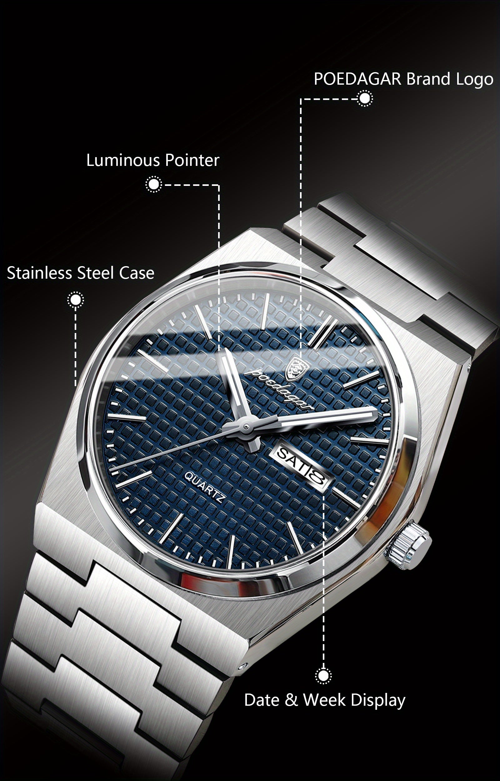 POEDAGAR Men's Luxury Sport Watch, Military Luminous Date Week, Stainless Steel Quartz, Casual Style, Pointer Display, Electronic Movement, Zinc Alloy Case, Stainless Steel Band, Round Dial Beauty World Shop