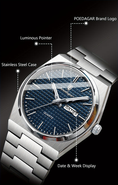 POEDAGAR Men's Luxury Sport Watch, Military Luminous Date Week, Stainless Steel Quartz, Casual Style, Pointer Display, Electronic Movement, Zinc Alloy Case, Stainless Steel Band, Round Dial Beauty World Shop