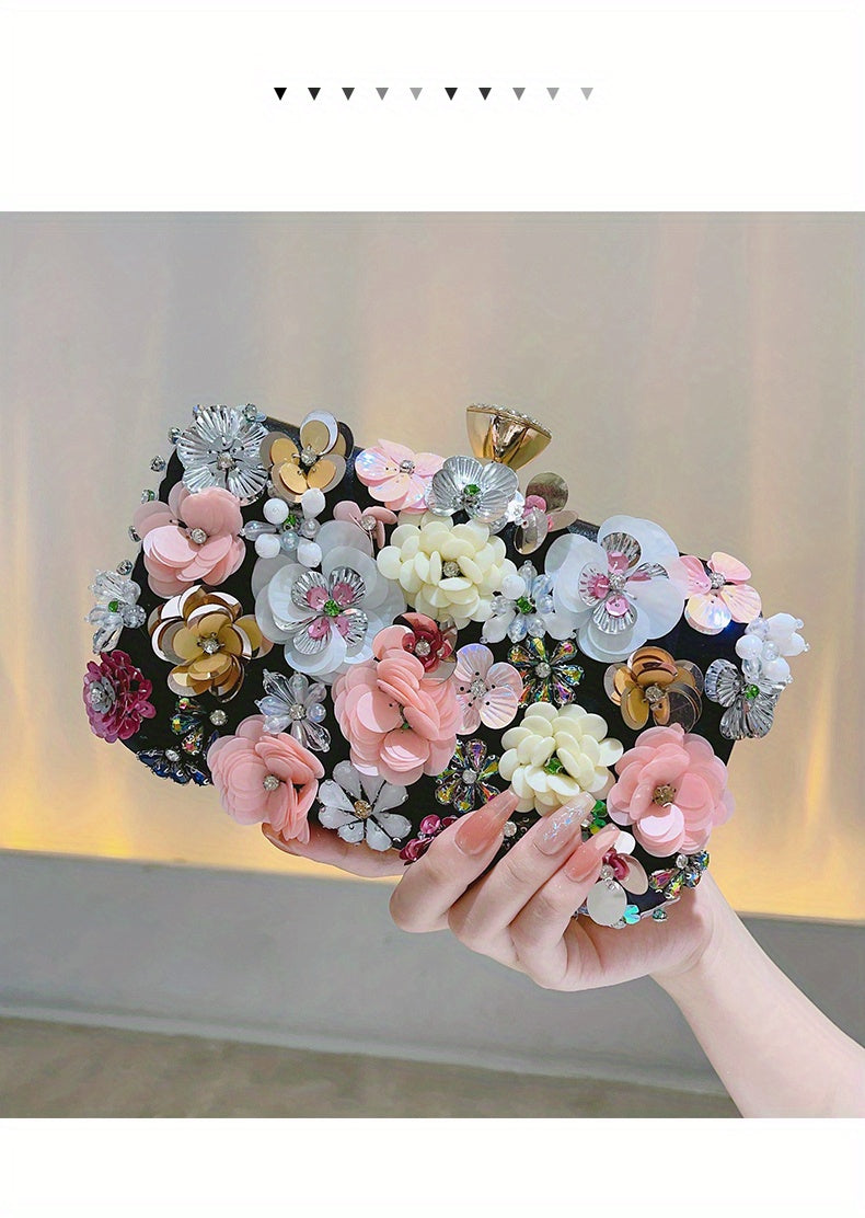 3D Beaded Elegant Evening Bag, Flower Box Clutch Purse for Women's Wedding Party Prom Beauty Fashion