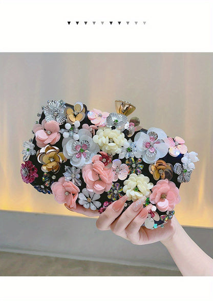 3D Beaded Elegant Evening Bag, Flower Box Clutch Purse for Women's Wedding Party Prom Beauty Fashion