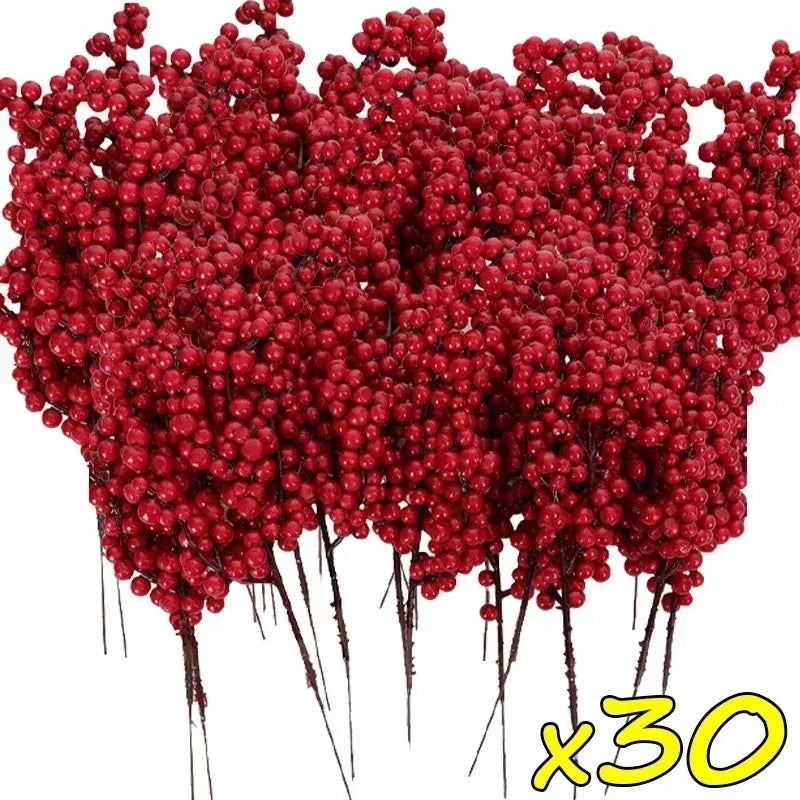 Christmas Artificial Red Berries Branch Fake Plants Flowers Holly Berry Stamen Wreath Ornaments for Xmas Tree Party Home Decor