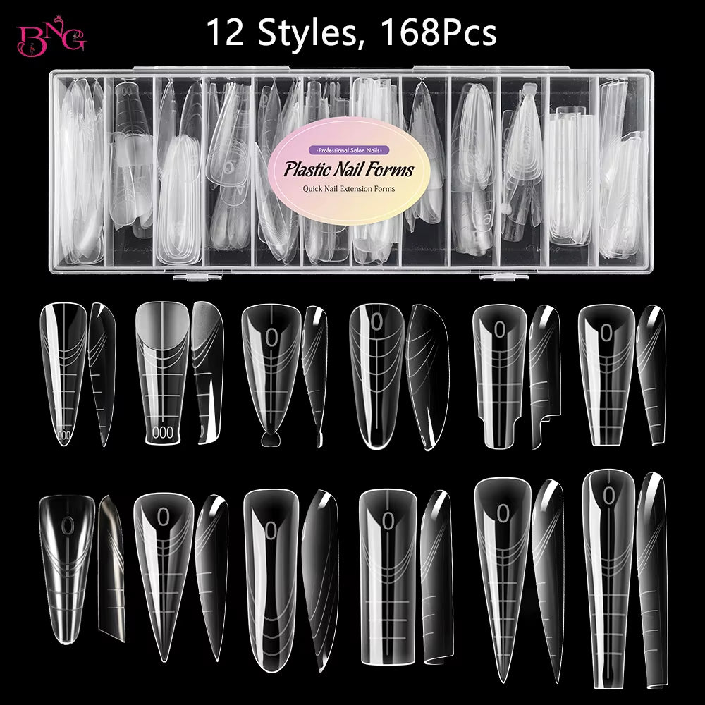 BNG Dual Forms for Builder Gel 168/180 Pcs Reusable Nail Forms 14/15 Sizes Extension Acrylic Molds for Salon DIY Manicure