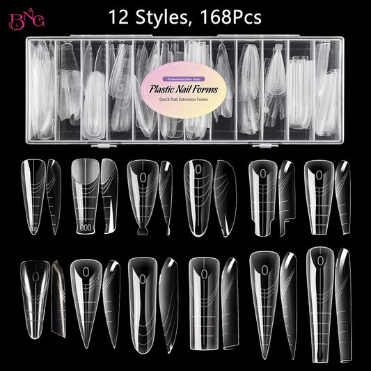 BNG Dual Forms for Builder Gel 168/180 Pcs Reusable Nail Forms 14/15 Sizes Extension Acrylic Molds for Salon DIY Manicure