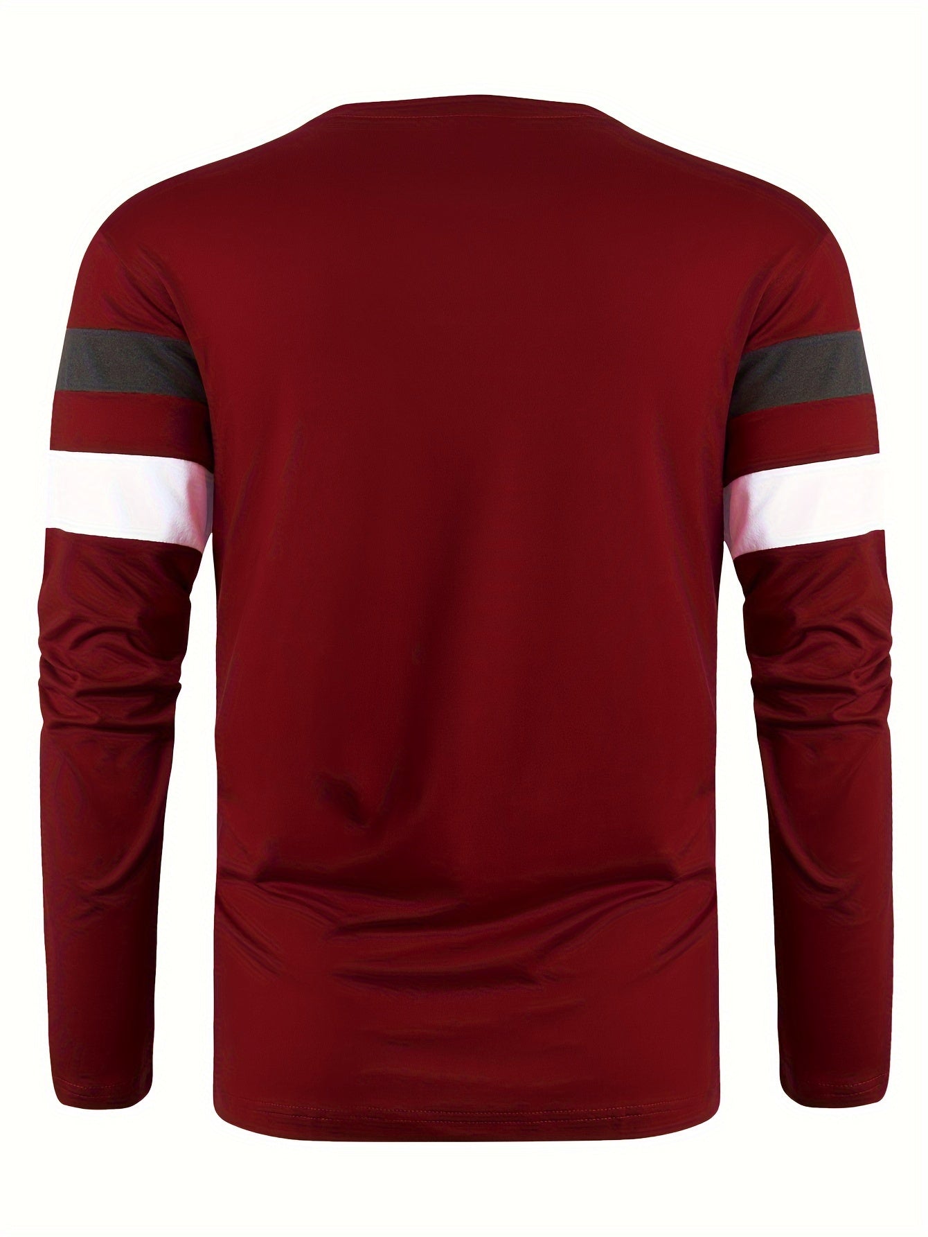 Men's Long Sleeve Crew Neck T-Shirt - Polyester Blend, Basic Solid Color with Color Block Detail, Slight Stretch Knit, Casual Sport Style, for Spring/Fall Beauty World Shop