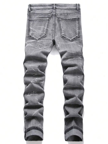 Men‘S Stretchy Denim Jeans Streetwear Tearing Patchwork Holes Ripped Denim Elastic Waist Casual Pants Slim Fit Straight Trousers