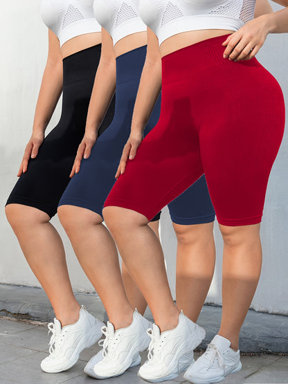 3-Pack Plus Size Yoga Shorts For Women, High Waist Peach Lift, Stretchy, Butt-lifting, High Elasticity, Fitness Activewear, Quick-Dry, Seamless Sport Shorts Set