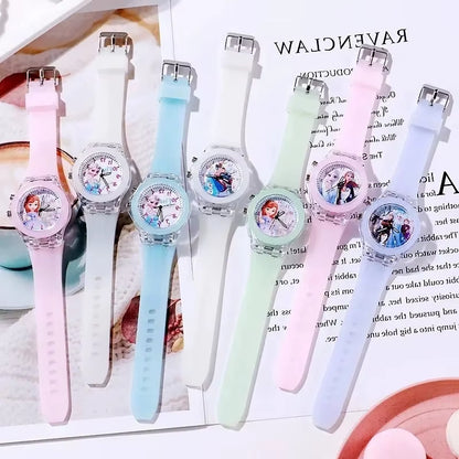 Disney Children Watch Frozen Princess Pattern Led Glowing Flash Fashion Kids Quartz Student Wristwatch Boy Girl Holiday Gifts