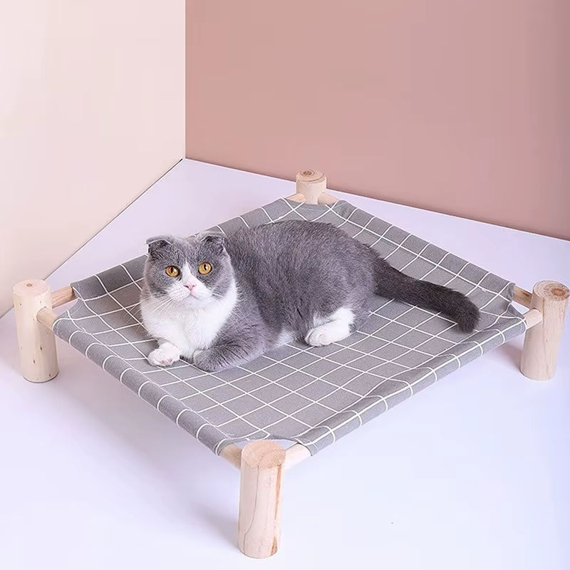 Cat and Dog Hammock Bed Wooden Cat Hammock Elevated Cooling Bed Detachable Portable Indoor Outdoor Pet Bed Suitable