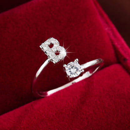 Fashionable 26 English Letters Four-Prong Synthetic Synthetic Zirconia Open Adjustment Ring Beauty Fashion
