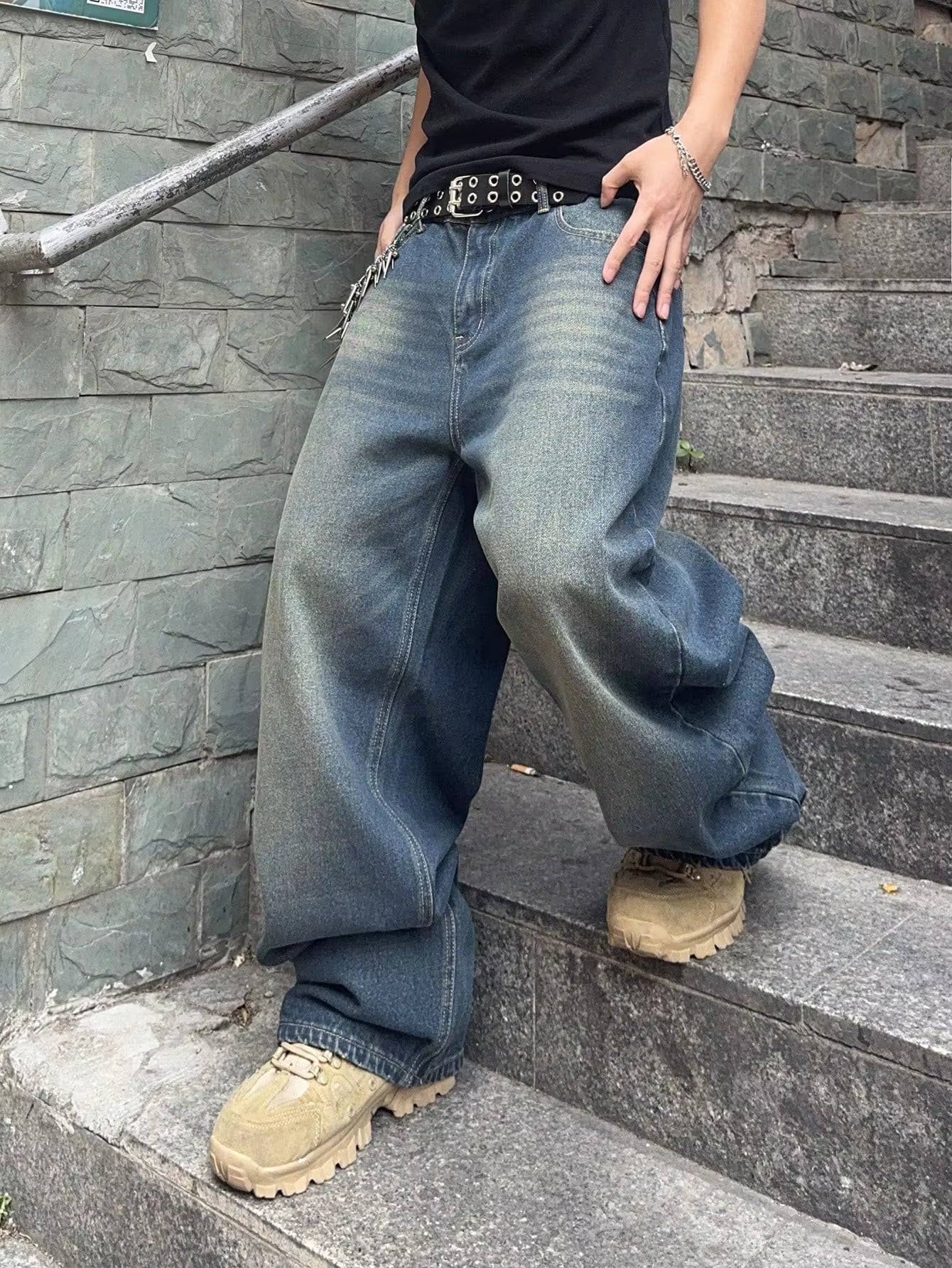 Vintage Men Y2K Stretchy Baggy Denim Jeans for Men Fashion Casual Pants Streetwear Denim Hip Hop Wide-Leg Straight Trousers