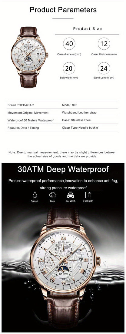 Versatile Men’s Sport Quartz Watch – 30m Water-Resistant, Luminous Calendar, PU Leather Strap, Durable Alloy Case Beauty World Shop