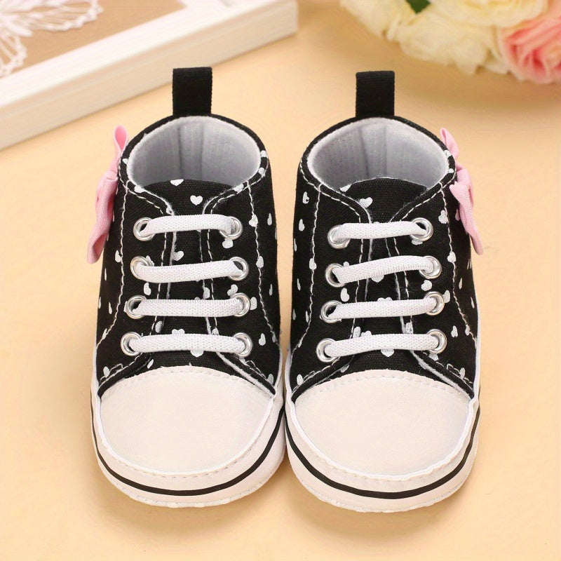 Baby Girls Heart Printed Lightweight Skate Shoes With Bowknot, Comfortable Non-slip Sport Walking Toddler Shoes, Fall Beauty World Shop