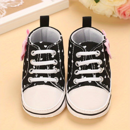 Baby Girls Heart Printed Lightweight Skate Shoes With Bowknot, Comfortable Non-slip Sport Walking Toddler Shoes, Fall Beauty World Shop