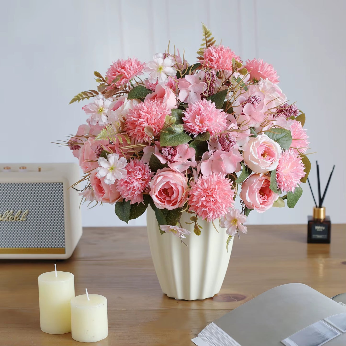 1PC Artificial Rosesflowers New Year'S Home Decoration Wedding Bridal Bouquet Garden Fake Silk Peony Hydrangeas Vase for Board