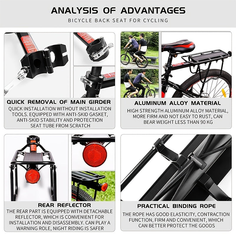 Bicycle Rear Bracket, Bicycle Seat Luggage Rack Holder Carrier For Luggage, Cargo, 90kg/190LB Load, Aluminum Alloy Adjustable Rack With Reflector For Cycling Camping Touring Sport