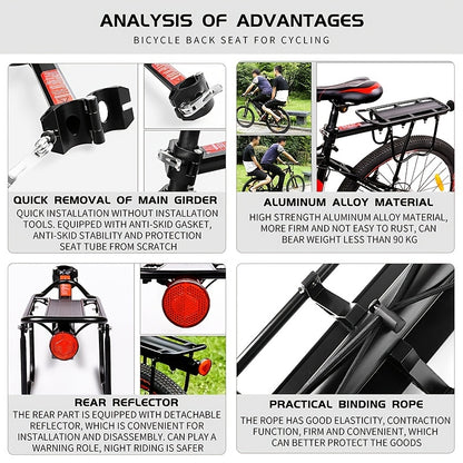 Bicycle Rear Bracket, Bicycle Seat Luggage Rack Holder Carrier For Luggage, Cargo, 90kg/190LB Load, Aluminum Alloy Adjustable Rack With Reflector For Cycling Camping Touring Sport