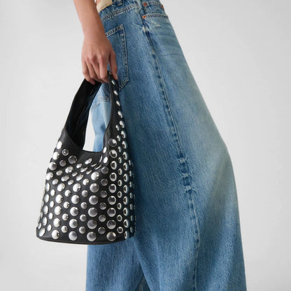 Punk Style Embellished Double-Faced round Rivet Inlaid Niche Luxury Bucket Bag Chic Lady Underarm Large Capacity Shoulder Bag