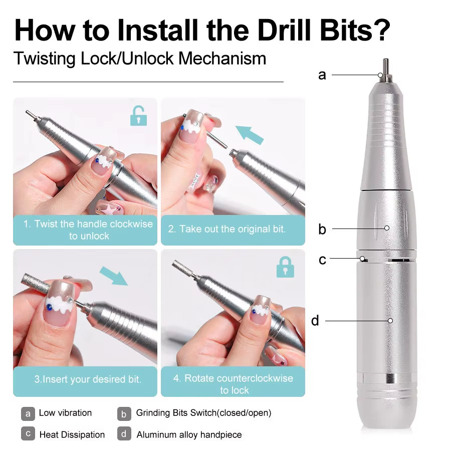 45000RPM Nail Drill Machine Electric Portable Nail File Rechargeable Nail Sander for Gel Nails Polishing for Home Manicure Salon