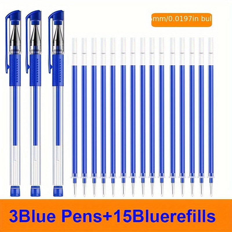 18pcs (3 Pens + 15 Refills) Gel Pen Set School Supplies Black Blue Red Ink Color 0.5Mm Ballpoint Pen Kawaii Pen Student School Office Stationery Beauty Fashion