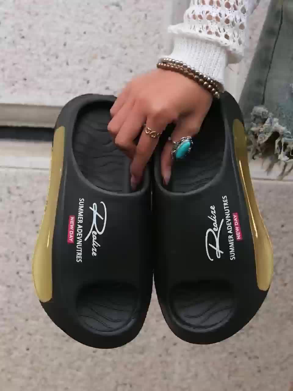 [Summer Sport Slippers] Summer Open Toe Women's Fashion Sport Slippers - EVA Material with Letter Print - Athletic Sandals with Adjustable Strap