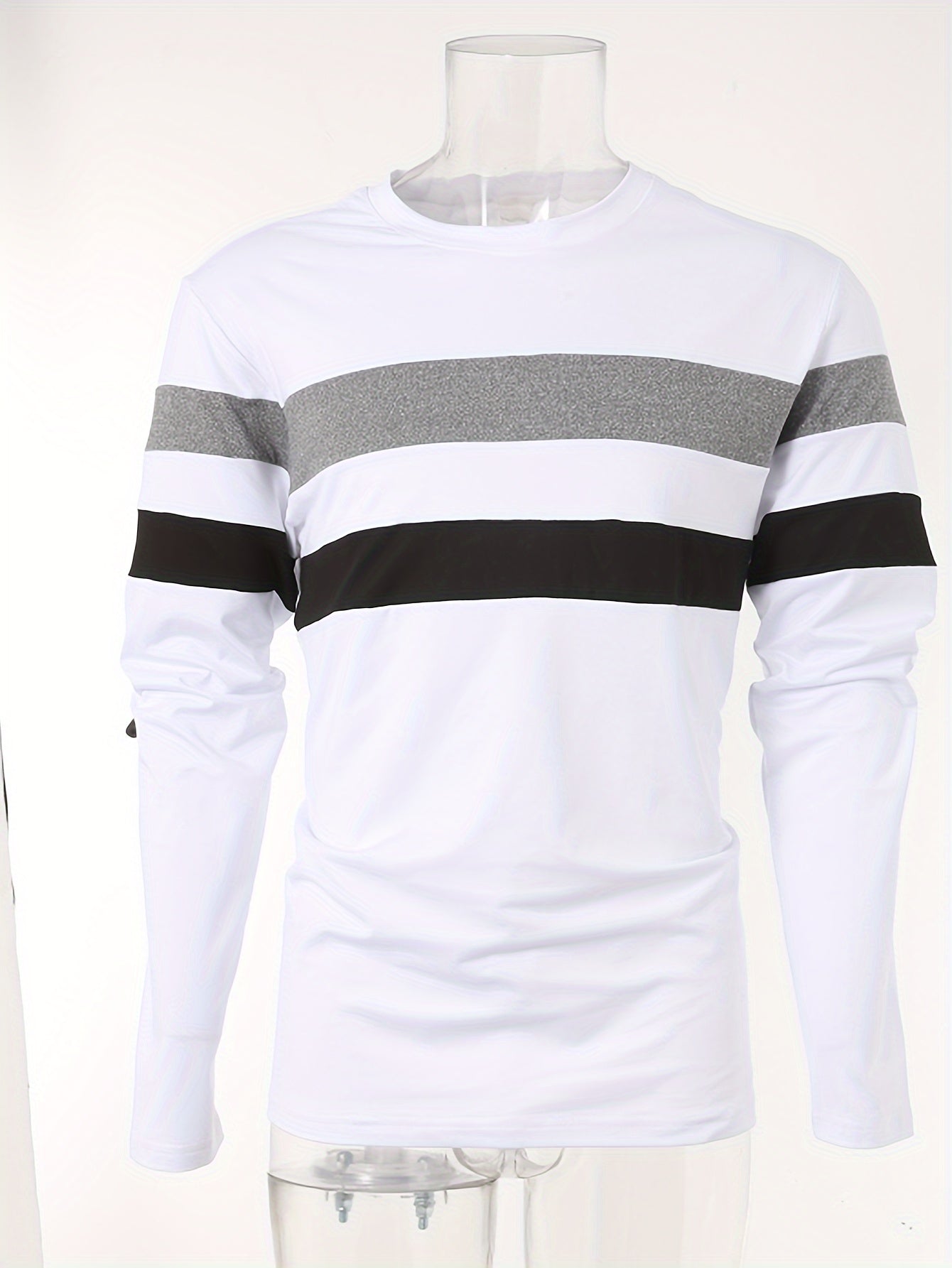 Men's Long Sleeve Crew Neck T-Shirt - Polyester Blend, Basic Solid Color with Color Block Detail, Slight Stretch Knit, Casual Sport Style, for Spring/Fall Beauty World Shop