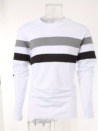 Men's Long Sleeve Crew Neck T-Shirt - Polyester Blend, Basic Solid Color with Color Block Detail, Slight Stretch Knit, Casual Sport Style, for Spring/Fall Beauty World Shop
