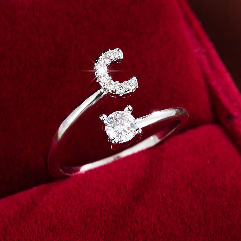 Fashionable 26 English Letters Four-Prong Synthetic Synthetic Zirconia Open Adjustment Ring Beauty Fashion