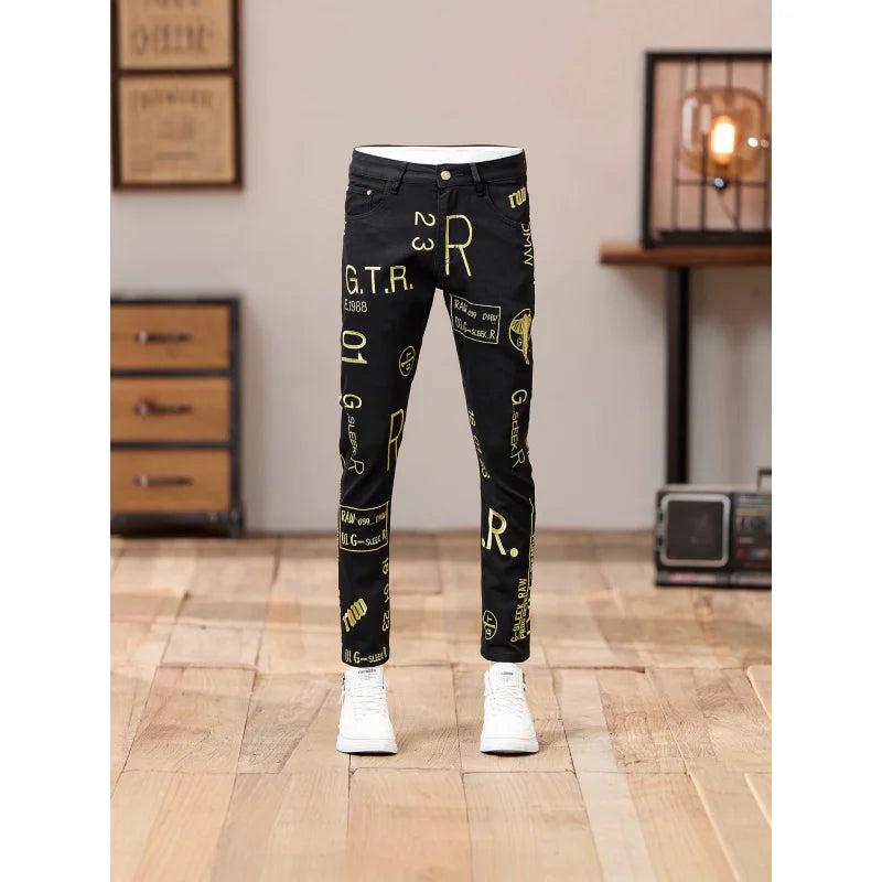 Trendy Retro Embroidered Printed Jeans for Men 2025 New Autumn Fashion Men'S Clothing Trend Brand Slim Fit Small Leg Pants