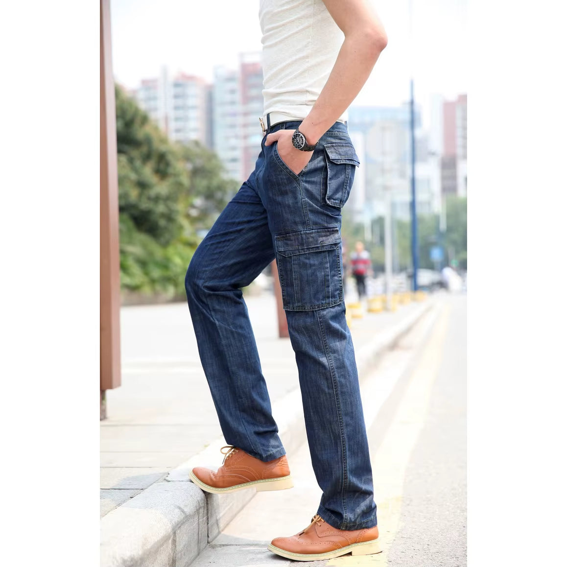 High Quality Men'S Jeans Multi Pocket Denim Cargo Pants Oversized Casual Pants Men Clothing Loose Trousers 29-44 A2F125
