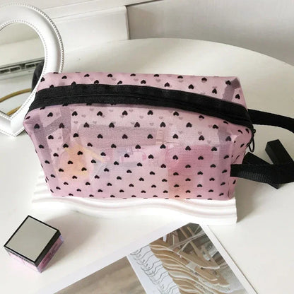 Nylon Mesh Cosmetic Bag Zipper Heart Shaped Toiletry Organizer Makeup Bags Multifunctional Women Lipstick Key Coin Purse Pouch