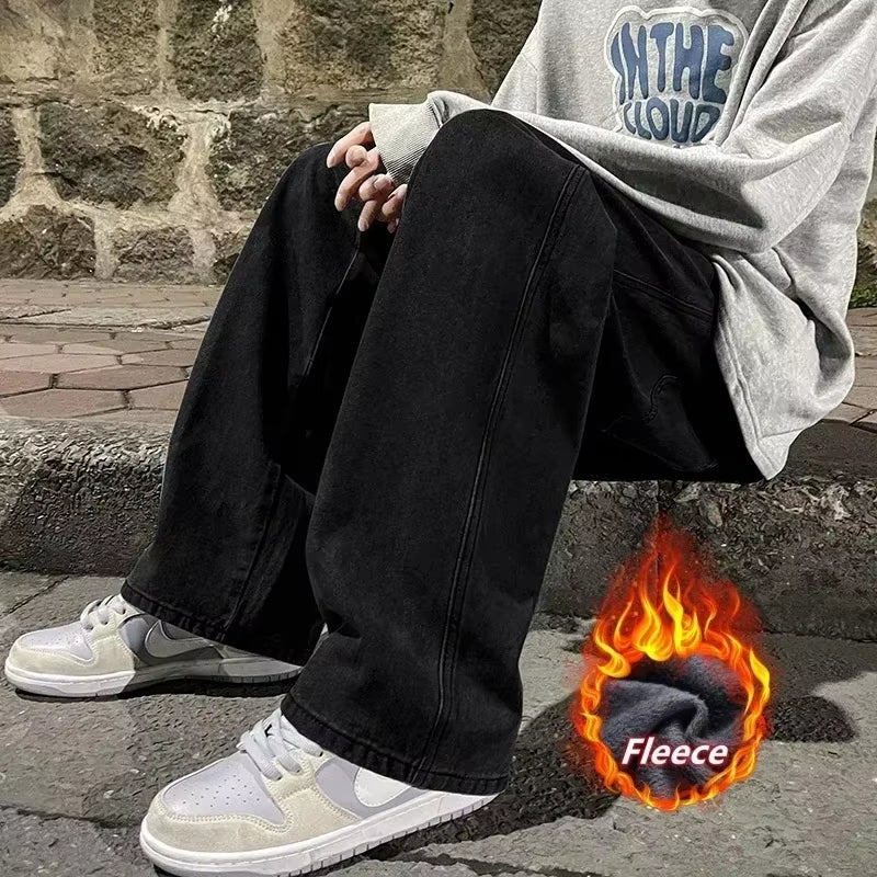 Winter Fleece Loose Jeans, Loose Straight Velvet Warm and Comfortable Elastic Waist Wide Leg Pants Brand Men'S Clothing