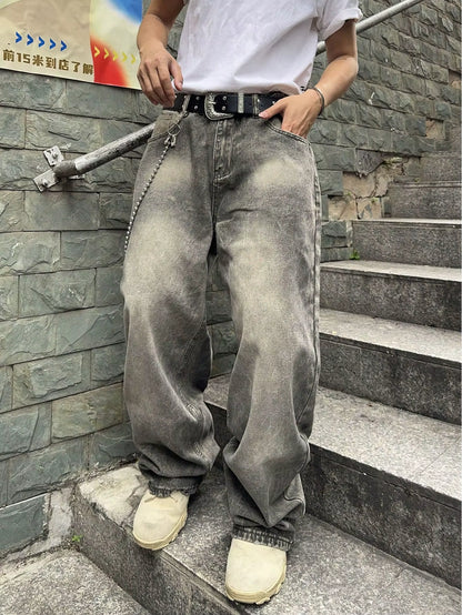 Vintage Men Y2K Stretchy Baggy Denim Jeans for Men Fashion Casual Pants Streetwear Denim Hip Hop Wide-Leg Straight Trousers