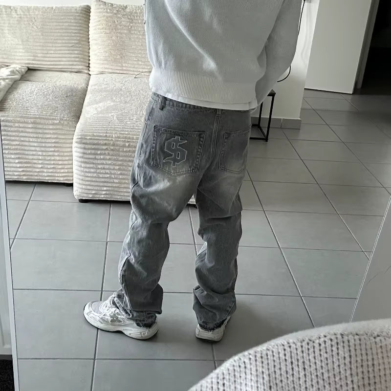 Y2K Retro Flare Jeans Washed Distressed Dollar Embroidery Denim Pants Men Trend Old Money Clean Streetwear Wide Leg Baggy Jeans