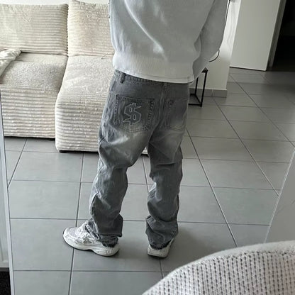 Y2K Retro Flare Jeans Washed Distressed Dollar Embroidery Denim Pants Men Trend Old Money Clean Streetwear Wide Leg Baggy Jeans