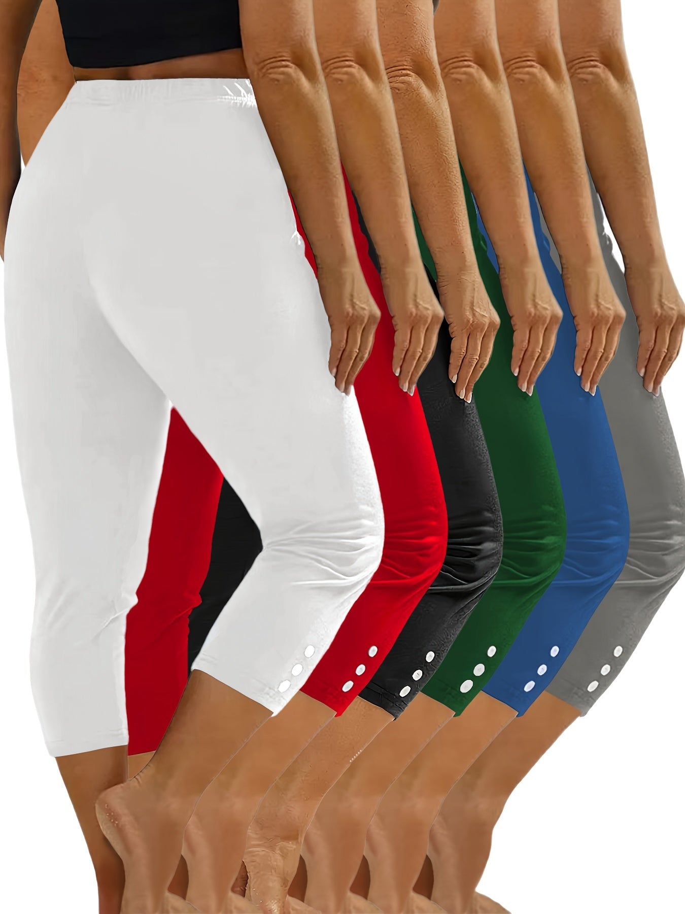 6-Pack Women's Fashion Sport Cropped Leggings, Casual Skinny Yoga Pants With Button Accents, Stretch Activewear, Multiple Colors Beauty World Shop