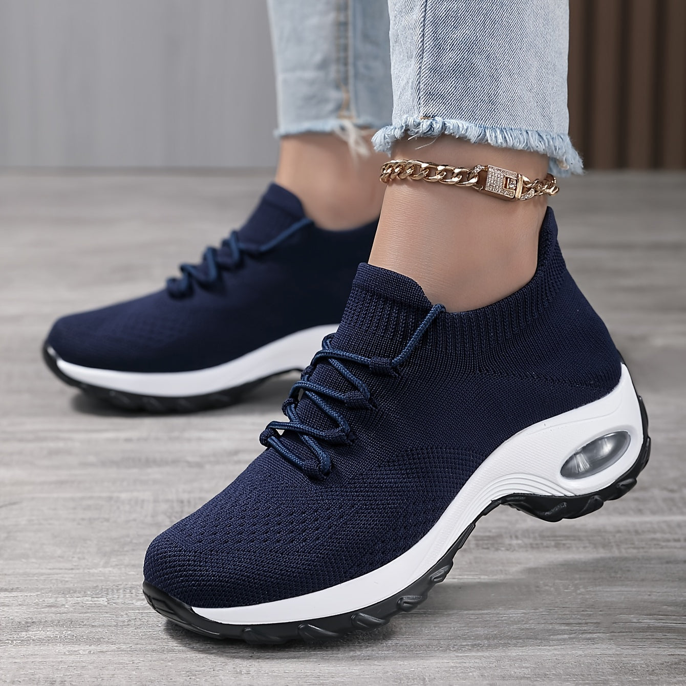 Women's Breathable Knit Chunky Sneakers, Casual Lace Up Outdoor Shoes, Comfortable Low Top Sport Shoes plus size