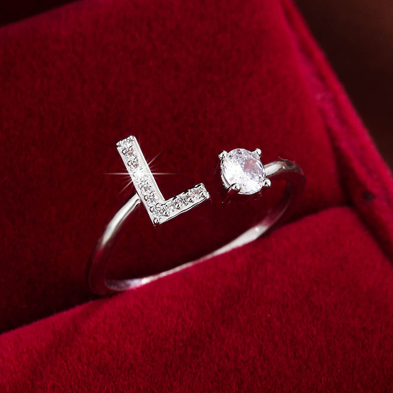 Fashionable 26 English Letters Four-Prong Synthetic Synthetic Zirconia Open Adjustment Ring Beauty Fashion