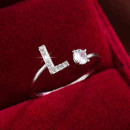 Fashionable 26 English Letters Four-Prong Synthetic Synthetic Zirconia Open Adjustment Ring Beauty Fashion