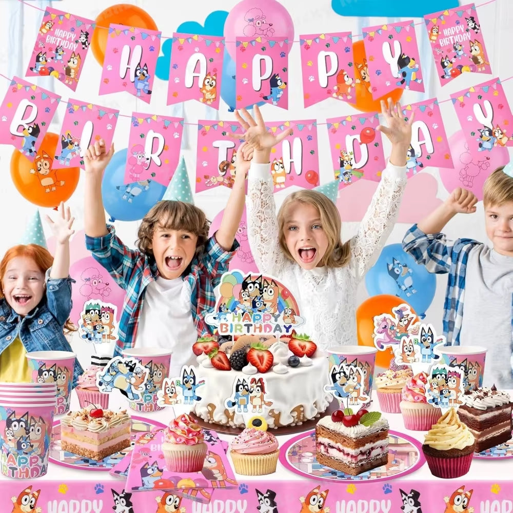 Pink Bluey Birthday Decorations for Kids Latex Aluminum Foil Balloons Bingo Theme Party Event Supplies Disposable Tableware Toys