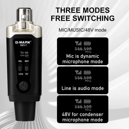 Wireless Microphone System  GX1.1 UHF XLR Adapter 16 Channels Audio Transmitter and Receiver for 48V Phantom Power Condens