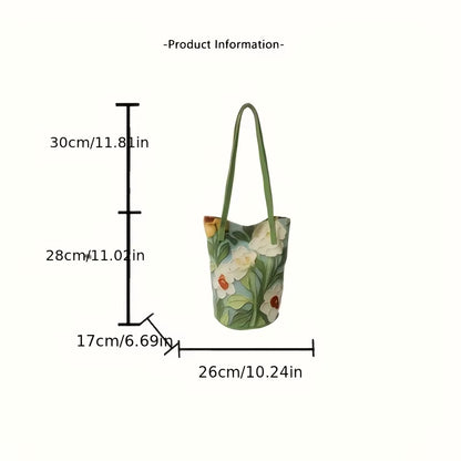 Women'S Large Capacity Summer Floral Oxford Bucket Bag Casual Fashionable Shoulder Bag with Oil Painting Flower Design Handbag