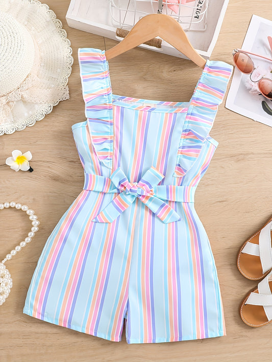 HWMFSNHFZ Girls' Sleeveless Striped Jumpsuit with Ruffled Hem & Adjustable Waist Belt - Light Blue, Pink, White Stripes, Square Neck, Summer Casual Outfit for Outdoor Play, Sleeveless Jumpsuit, Nonelastic Fabric Beauty Fashion