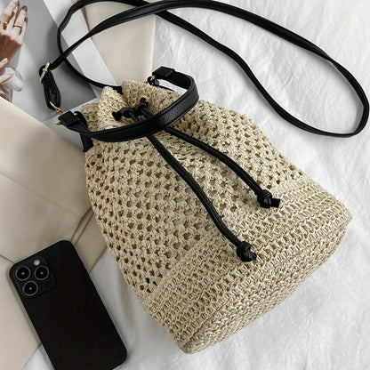 Simple Drawstring Straw Bucket Bag, All-Match Crossbody Bag, Lightweight Braided Shoulder Bag Beauty Fashion